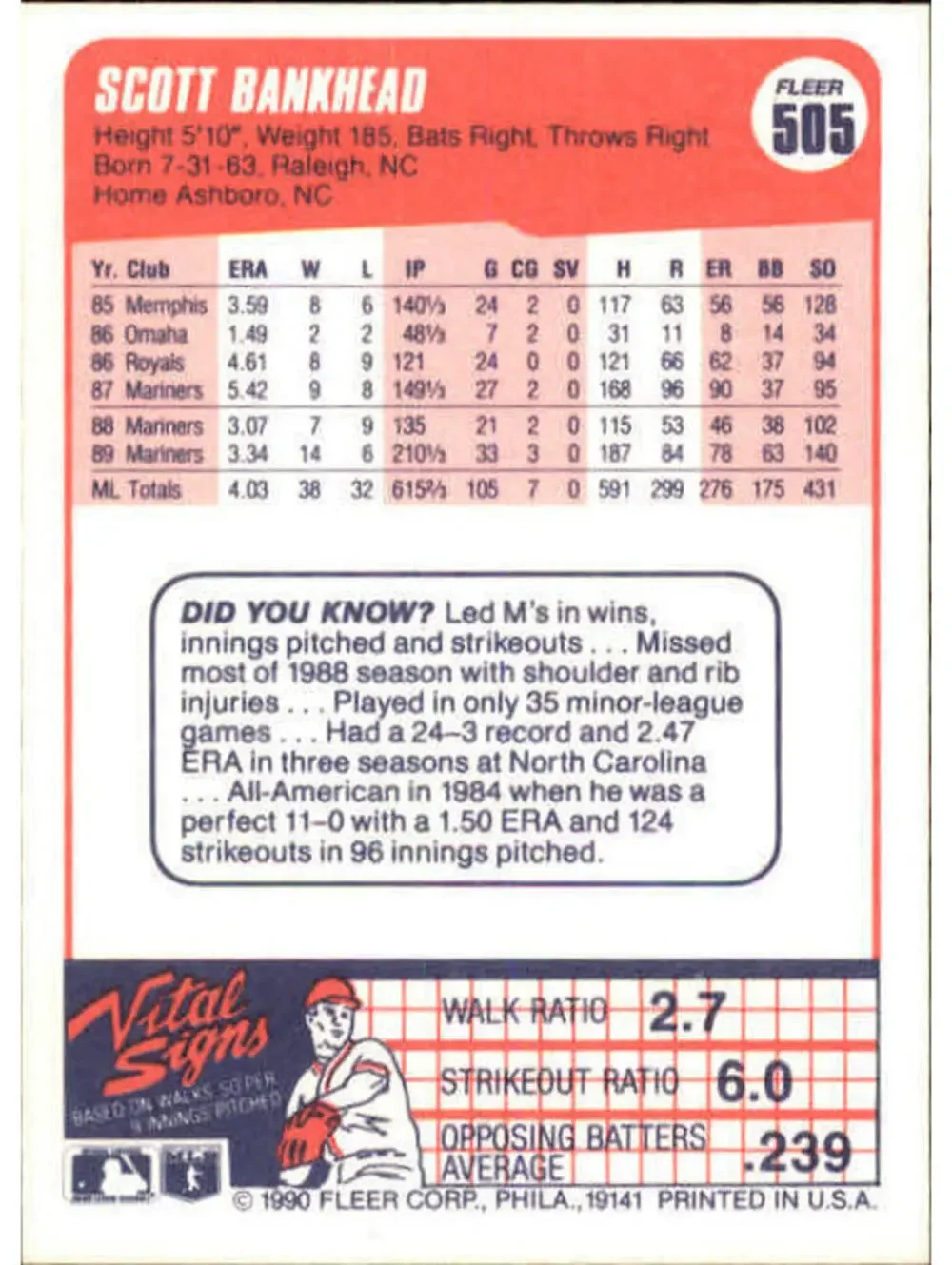 1990 Scott Bankhead Fleer Baseball Card #505